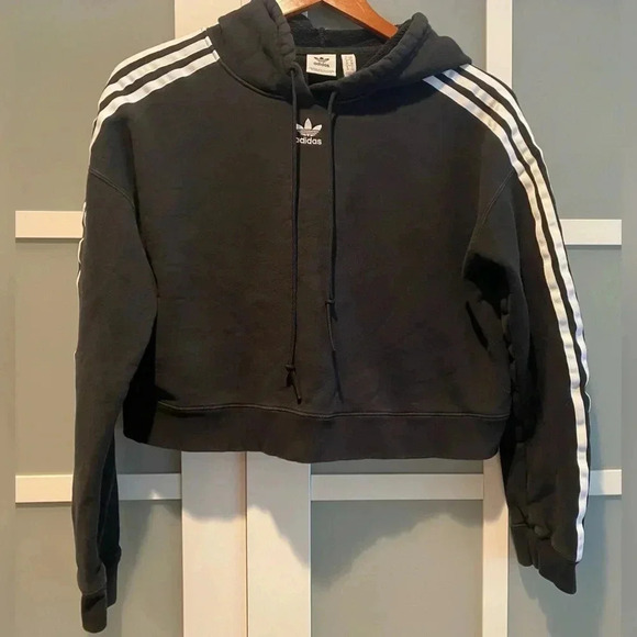 Adidas Women’s 100% Cotton Cropped Drawstring Hoodie Black White Stripes S‎ EUC - Picture 5 of 9